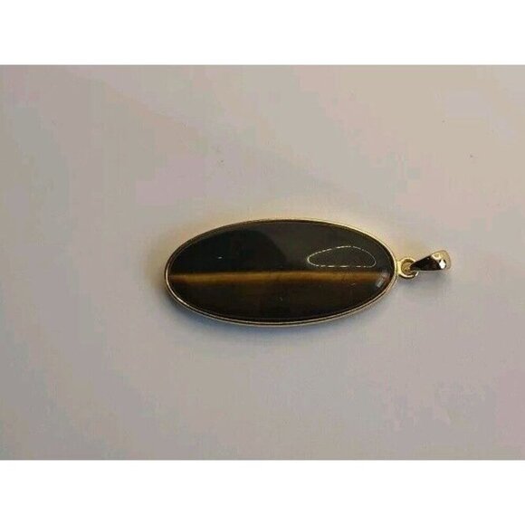 Tiger’s Eye Natural Stone Pendant Handmade Oval Shiny Gold Tone Setting - Picture 8 of 12